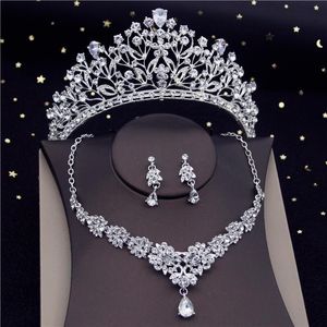 Örhängen Halsband Lyxklart kristall Tiaras Bridal Smycken Satser Mode Crown Choker Women Wedding Dress Bride Set