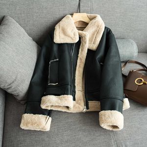 Winter Motorcyle Basic Jacken Plüsch Oberbekleidung Warme Mantel Streetwear Punk PU Jacke Faux Fell Für Frauen 210531