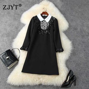 Wysokiej Jakości Jesień Kobieta Ubrania Moda Peter Pan Collar Cekinowany Patchwork Luźna Czarna Party Dress Lady Elegancka 210601