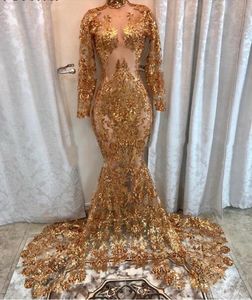 Sparkly Illusion Gold Mermaid Prom Dresses 2021 Arabic African Sequined High Neck Lace Appliqued Long Sleeve Women Formal Evening Party Gowns