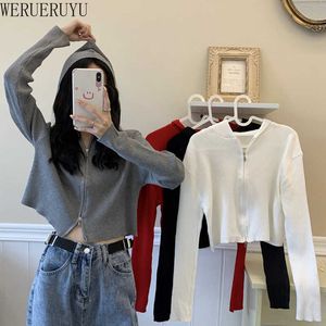 WERUERUYU Women Spring Autumn Street Wear Hooded Sweater Ribbed Zipper Up Cardigans Tops Outwear Long Sleeve Black Coat 210608