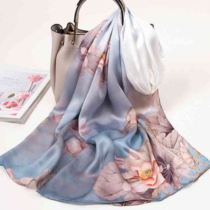 100% Scarves Women Hangzhou Real Scarf Wraps for Ladies Grey Printed Flowers Echarpe Long Natural Silk Foulard Femme