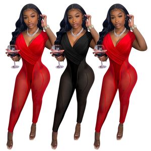 Wholesale Jumpsuits Summer Women Mesh Panelled Bodysuits Sexy V Neck Velvet Rompers Sleeveless Overalls Solid leggings Night club wear Bulk Items 7042