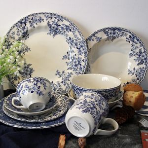 Prato de jantar clássico, azul e branco, estilo britânico, tigela de porcelana, pratos de sopa, copo, pizza