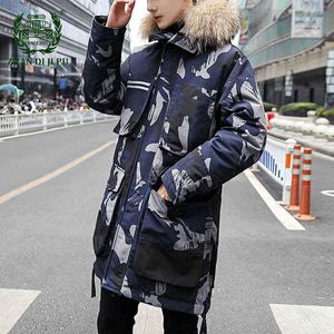 Down Jacket Men Winter Warm Hooded Raccoon Fur Collar White Duck Down Overcoats Male Casual Windproof Camouflage Mens Jackets G1115