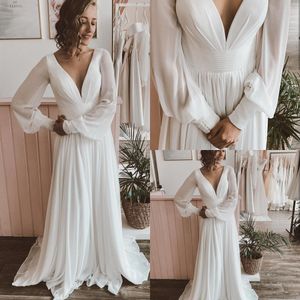 Chiffon vestido de noiva uma linha de manga comprida plissado em v-pescoço lindo trens trens vestidos nupciais simples praia graciosa roupão de mariage