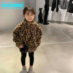 Crianças 2-11y novas meninas casacos casacos peludo temperamento leopardo impressão mais veludo grosso jaqueta de inverno crianças roupas de jaqueta H0910