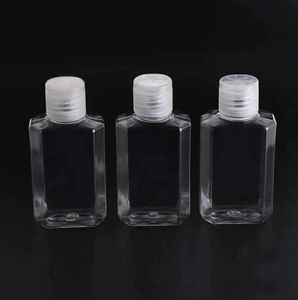 60 ml tomma husdjur plastflaskor med flip keps transparent kvadratisk formflaska för sminkvätska disponibel hand sanitizer gel