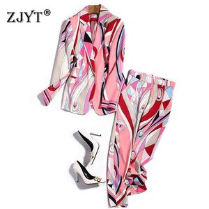 Elegante Promi-Party Zweiteilige Outfits Frauen Frühling Runway Fashion Geometirc Print Blazer und Hosenanzug Büro Matching Set 210601