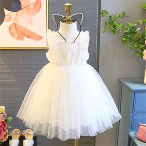 Sommer Mädchen Kleid Westlichen Stil Hohl Mesh Party Prinzessin Koreanische Weiße Baumwolle Kinder Kinder Kleidung 210625