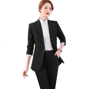 女性2ピースパンツ高品質ファッション女性レディースビジネスパンツスーツブラックブルーグレーS-5XLシングルボタン2作業レディース用