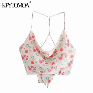 KPYTOMOA Women Sweet Fashion With Bow Tied Floral Print Cropped Tank Tops Vintage Backless Thin Straps Female Camis Mujer Y220308