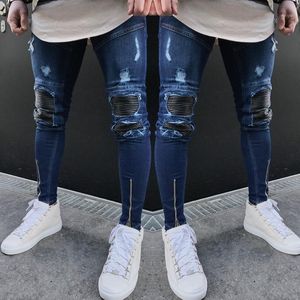 Męskie dżinsy Mężczyźni Ubrania 2021 Hip Hop Styl Ripped Hole Skinny Motorcycle Punk Denim Spodnie Zipper Designer Blue Ninth Man