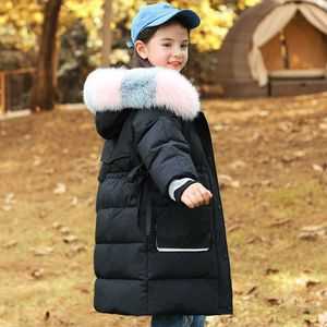 روسيا الشتاء الأطفال أسفل سترة للفتيات ملابس طويلة سترة أطفال حقيقي الفراء مقنع معطف الفتيات الثلج الزي TZ641 H0910