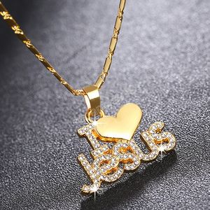 Christian I Love Jesus Diamond Heart Pendant Necklaces Silver Gold Chains Necklaces for Women Men Fashion Jewelry