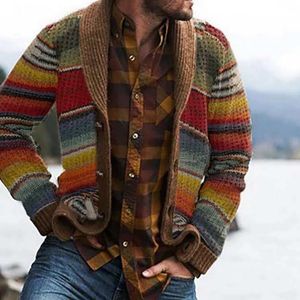 Men's Sweaters 2021 Spring Autumn Coat Men Striped Printed Long-sleeved Cardigan Sweater Vintage Coats Fashion Casual Loose Outwear