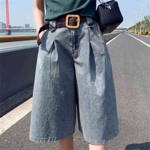 女性のためのハイウエストワイドレッグデニムショートパンツ半分の長い夏の膝の長さJeanストリートウェアポケットのカジュアルバミューダのショートパンツ210625