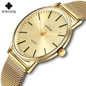 WWOOR Fashion Men Watches Top Brand Luxury Gold Quartz Watch Men Casual Slim Mesh Steel Waterproof Sport Watch Relogio Masculino 210527
