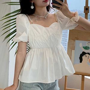 Summer Ruffles Blouse Femininas Party Work Blusas Mujer Korean Kawaii Tops Fashion Women Short Puff Sleeve Solid Shirt 210525