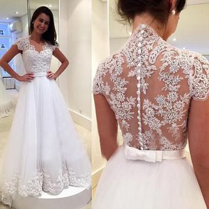 Sexy Illusion Backless A Line Wedding Dresses Bridal Gowns Sweep Train Lace Appliqued Long Summer Ivory Bride Dress V Neck Short Sleeves Second Reception Wear 2022