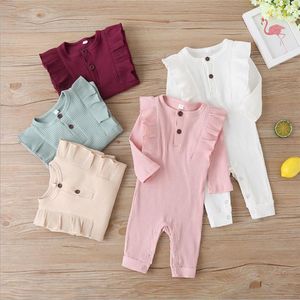 Baby tjejer kläder solid ruffle nyfödda rompers långärmad spädbarn flicka jumpsuits playsuit outfits boutique baby kläder 5 färger dw5468