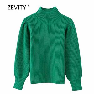 Kobiety Moda Zielona Kolor Turtleneck Dorywczo Knitting Sweter Kobiet Wystarczy Puff Sleeve Skoczkami Chic Marka Pullover Topy S333 210603