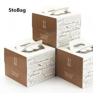 Stobag 10st Khaki 4 tums tårta Box Transparent Öppet fönster Bärbara puffkakor Chokladbakning Förpackning Kartong Födelsedag 210602