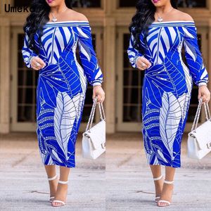 Umeko new off shoulder leaf midi dresses summer bishop sleeve boho long drfemale club bodycon sundresses women 5XL plus size X0529