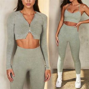 Kadınlar Dikişsiz Asit Yıkama Eşofman Kadın Sıkı Takım Elbise Kırpma Üst Spor Sutyen Gym Egzersiz Kıyafet Tayt Tozluk Fitness Spor Yoga Set 220106