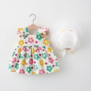 Yaz Toddler Kız Elbise Çiçek Baskı Bebek Prenses Elbiseler Açık Parti Kolsuz Sevimli Çocuklar Pamuk Elbise Ücretsiz Şapka Ile 210303
