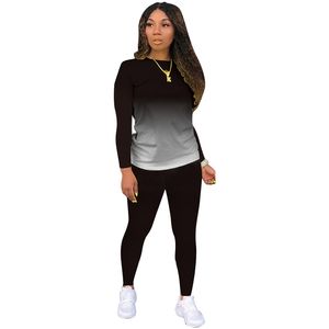 Primavera gradiente cor mangas compridas o-pescoço tshirts lápis skinny calças de lápis tracksuits senhora outono workout de ginástica casual 2 partes set 210604