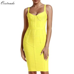 Ocstrade Bandage Dresses Bodycon Vestidos Ankomst Kvinnor Striped Neon Yellow Rayon Sexy Party Summer 210527