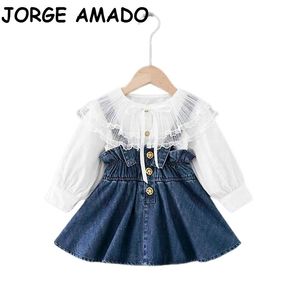 Autumn Girl Sets Baby Lace Large Collar White Shirt+Denim Suspenders Skirt 2pcs Outfits Kids Clothes E20131 210610