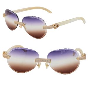 Rimless Micro-paved Diamond Set Womens Men Sunglasses White Genuine Natural Buffalo horn Sun glasses Male and Female Frame With Oversized Round Lens 18K Gold Optical