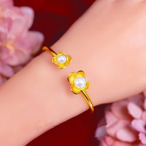 Bangle Butterfly Flower Pearl Yellow Gold Girl Women Wife Anniversary Gift