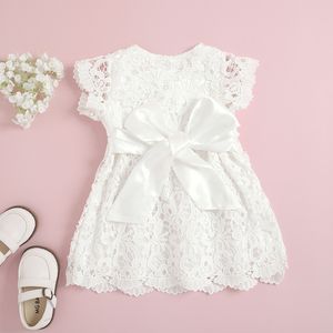 2021 0-4Y Princess Toddler Girls Dress White Flower Lace Short Sleeve Bow Back O Neck A-line Summer Sundress For Birthday Party Q0716