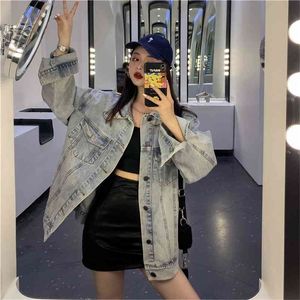 streetwear denim jacket female autumn vintage BF long-sleeved shirt Korean Harajuku personality loose fashion 210608