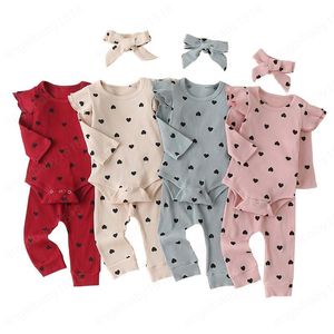 Kalp Baskılı Kız Kıyafetler Bebek Bebek Uzun Kollu Tulum Toddler Fırfır Onesies Kızlar Elastik Pantolon Kafa Çocuk Karikatür Seti