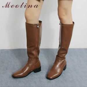 Meotina Sürme Çizmeler Kadın Ayakkabı Kare Toe Kalın Topuklu Diz-Yüksek Çizmeler Fermuar Orta Topuk Bayan Uzun Çizmeler Sonbahar Kış Kahverengi 210608