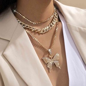 Jewelry Generous Temperament Full Inlaid Cuban Chain for Women Personalized Fashion Butterfly Pendant Necklace 2021