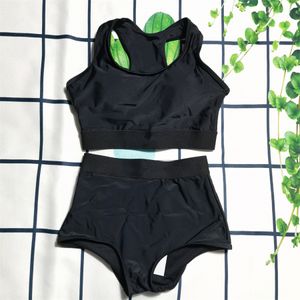 Sexy Split B Swimsuit Solid Black Color Bikini Set Sports Swimwears High Waist Ladies Bathing Suit Summer Sling Swimming