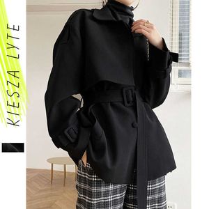 Trench Coat Mulheres Sexy Outono Vintage Estilo Britânico Curto Pó Preto Escritório Senhora Outwear 210608