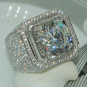Luxury Full Bling AAA Zircon Diamonds Gemstones Ringar För Män 18K Vit Guld Silver Färg Smycken Bijoux Bague Party Tillbehör
