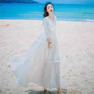 Summer Long Women Dress White Chiffon and Lace Elegant Bohemian V-neck Three Quarter Ankle-lenght Female 210603