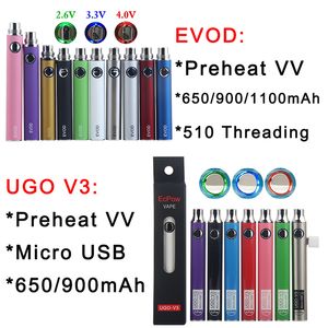 EVOD UGO V3 Preheat VV Vaporizer Batteri 1100 900 650mAh Variabel spänning E Cigarett 510 tråd Vape Pen E-Cig USB Laddare eGo-T MT3 CE4 CE5