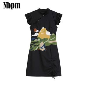 Vintage Chinese Style Evening Dresses Draw String Women's Sundress Printing Casual Sexy High Waist Dress Clothes For Women 210529