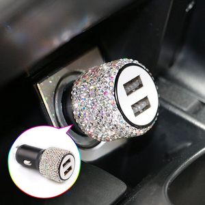 Mini Bling Diamond Metal Double Dual USB Caricabatterie per auto Caricabatterie in lega di alluminio + ABS 5 colori