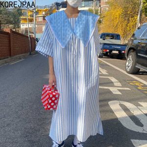 Korejpaa mulheres vestido verão coreano chique senhoras doces design lapela destacável solto listrado de mangas curtas split vestidos 210526