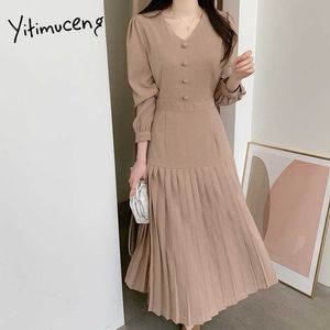 Yitimuceng Plissee Kleider Frauen Verband Koreanische Mode Maxi Kleid Lange Puff Sleeve Büro Dame Beige Schwarz Einfache Frühling 210601