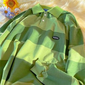 Vintage Yeşil Çizgili Polo Gömlek Kazak Kadın Harajuku Hip Hop Uzun Kollu Casual Gençler Giysileri Japon Moda 211109 Tops